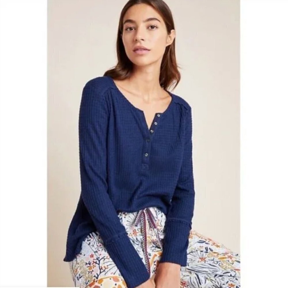 Anthropologie Navy Blue Waffle Knit Thermal Long Sleeve Henley Top